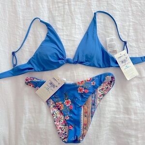 O'Neill Blue Bikini with Floral Accents/Reversible Bottom. NWT!
